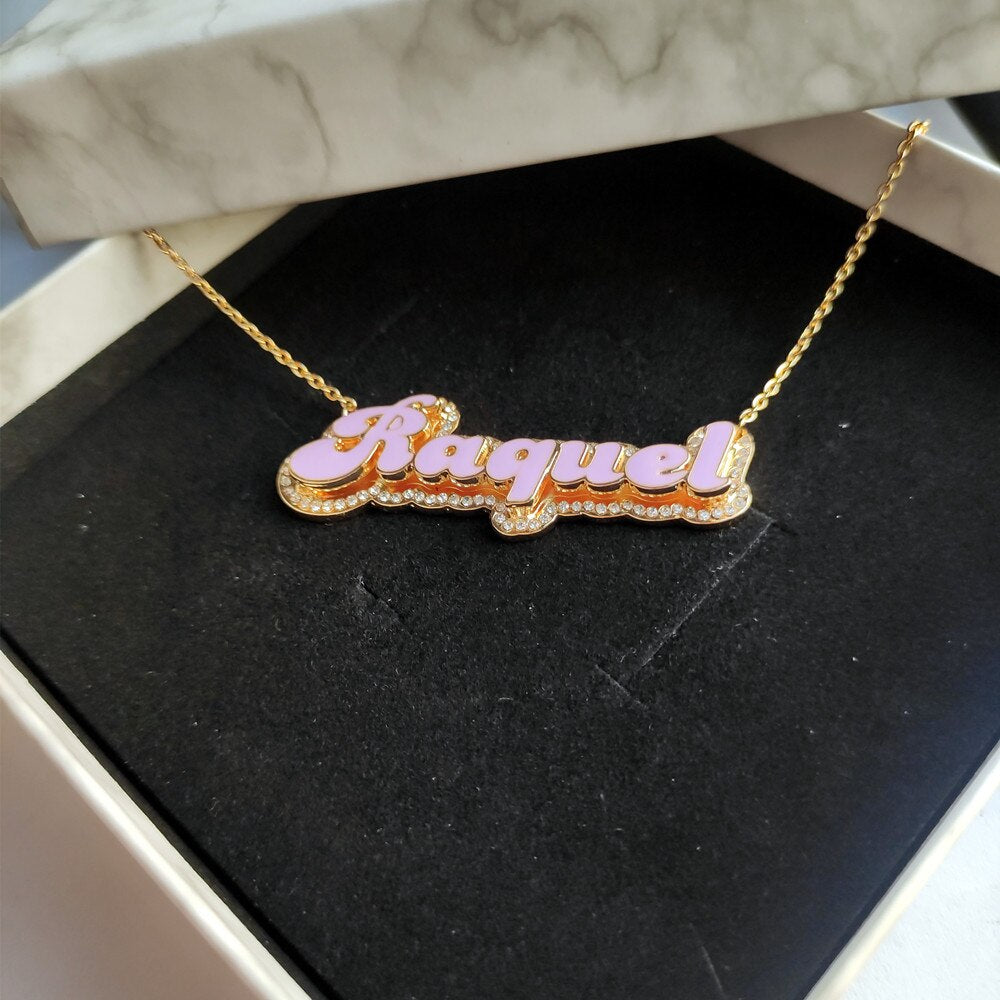glaceelaine Custom Enamel Name Necklace With Rhinestone Gold Plated Double Pendant Enamel Necklace