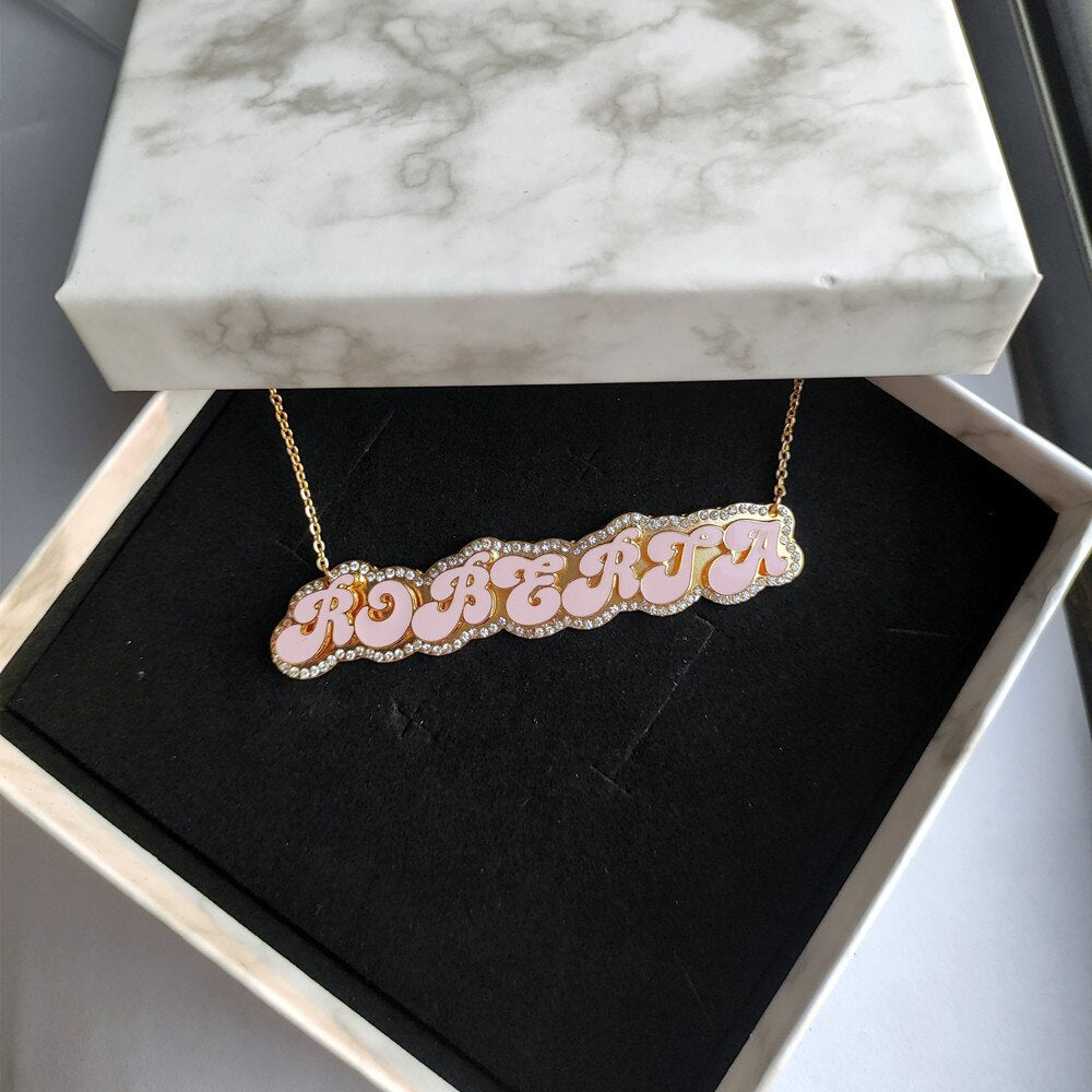 glaceelaine Custom Enamel Name Necklace With Rhinestone Gold Plated Double Pendant Enamel Necklace