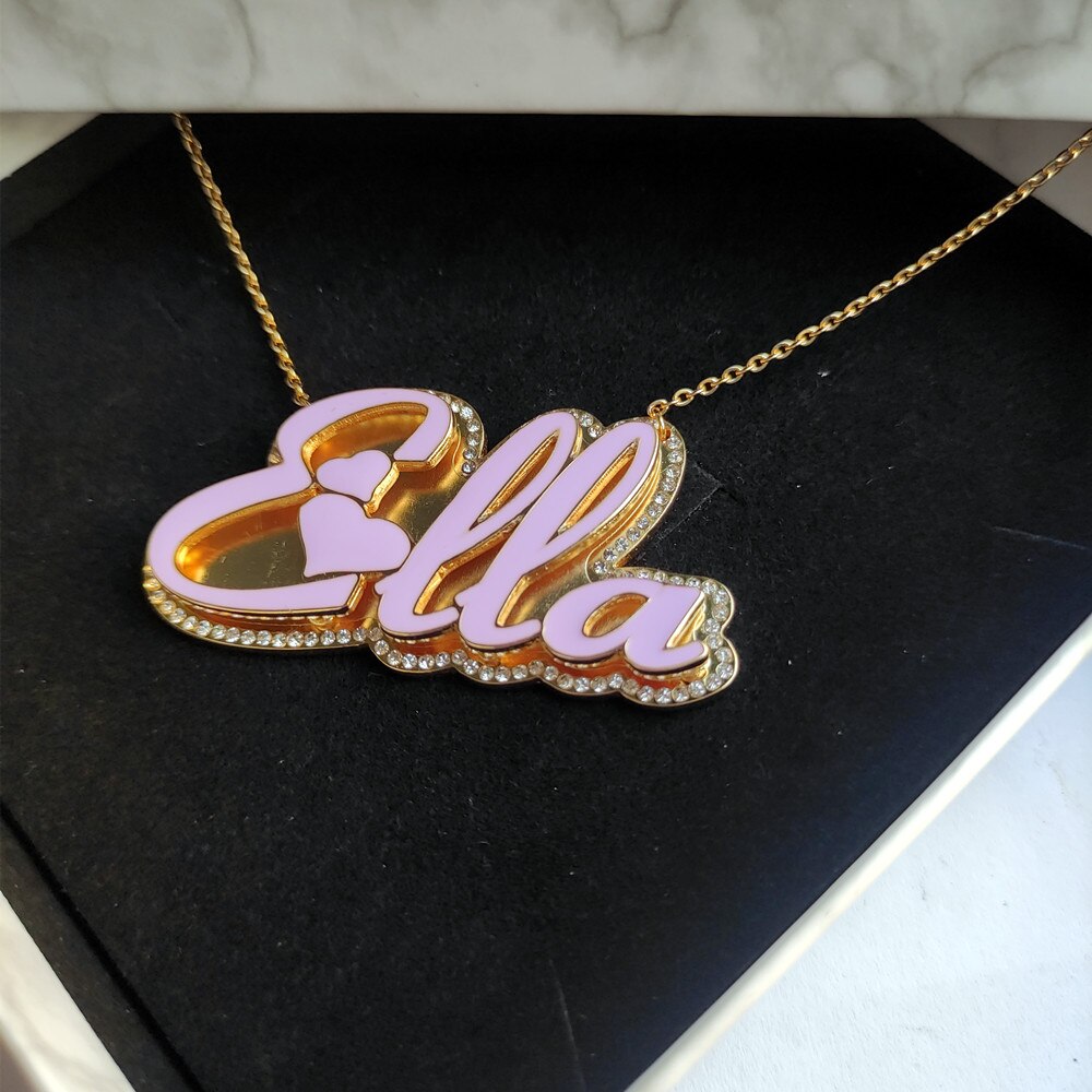 glaceelaine Custom Enamel Name Necklace With Rhinestone Gold Plated Double Pendant Enamel Necklace