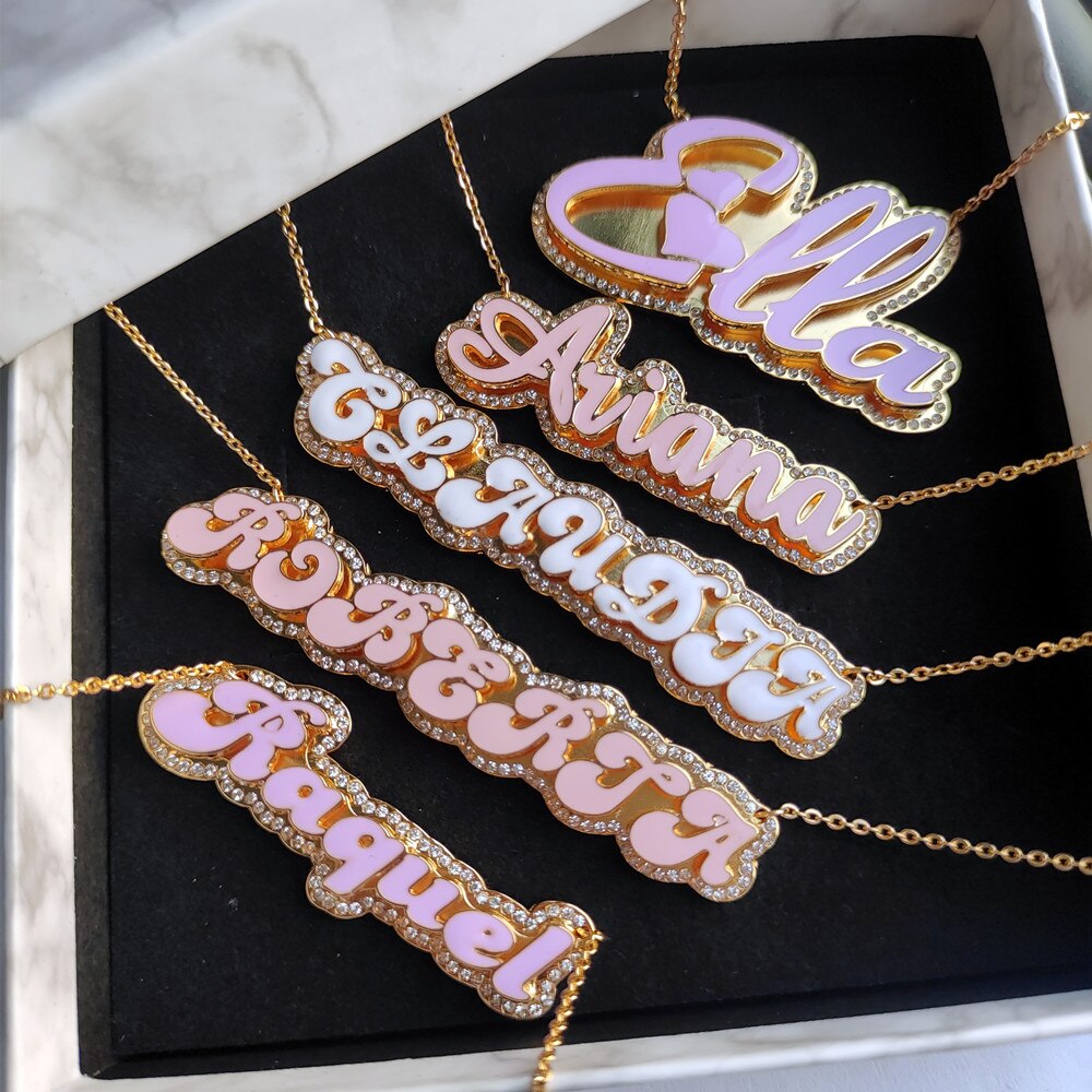 glaceelaine Custom Enamel Name Necklace With Rhinestone Gold Plated Double Pendant Enamel Necklace