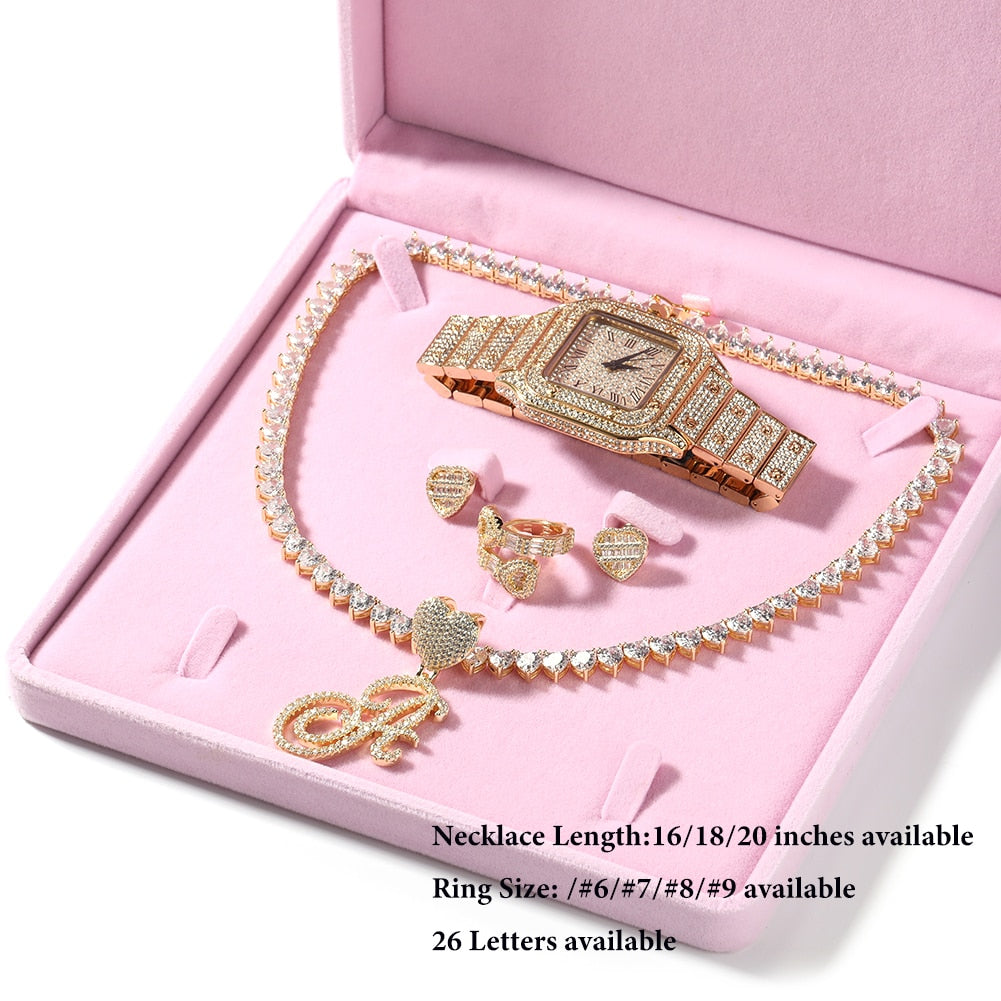 Iced Out Necklace/Earrings/Ring/Bracelet/Watch Jewelry Set For Women