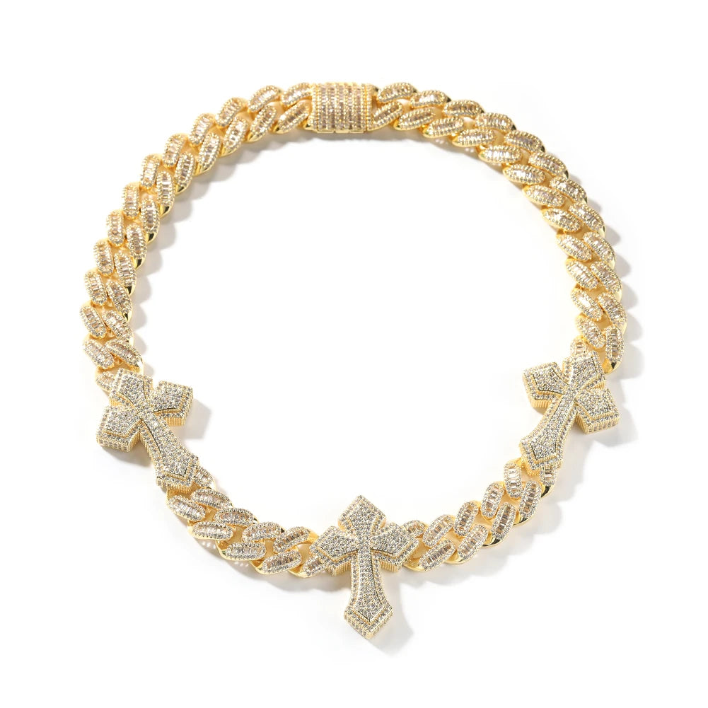 Glacèelaine 3pcs Cross Miami Cuban Link Chain Necklace