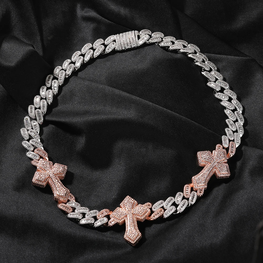 Glacèelaine 3pcs Cross Miami Cuban Link Chain Necklace