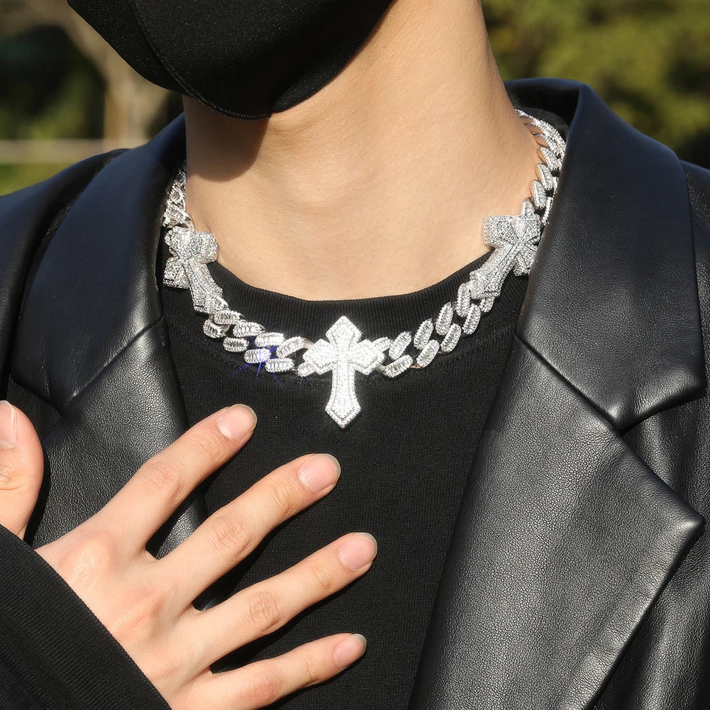 Glacèelaine 3pcs Cross Miami Cuban Link Chain Necklace