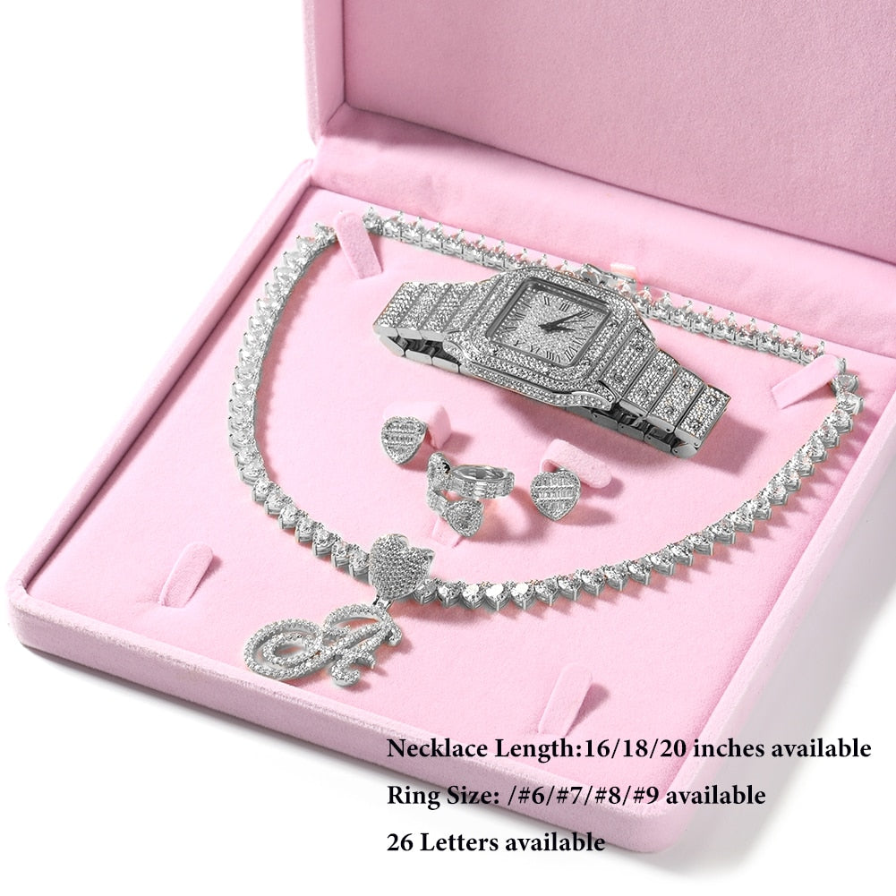 Iced Out Necklace/Earrings/Ring/Bracelet/Watch Jewelry Set For Women