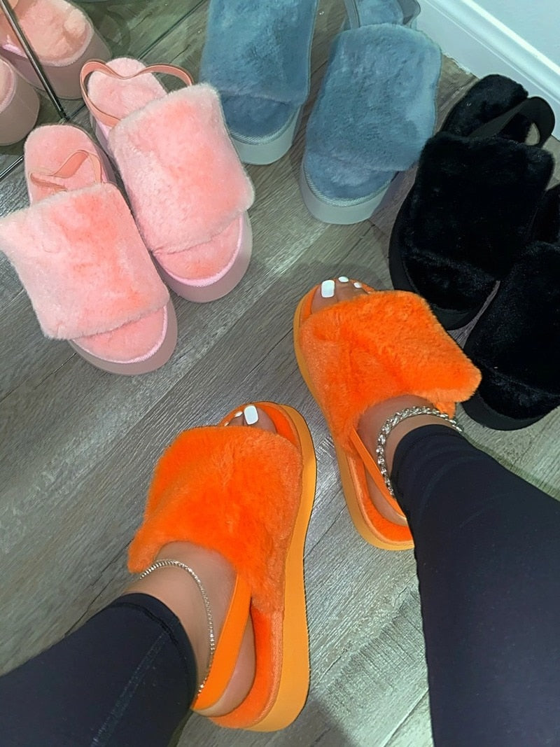 New Thick-soled Mid-heeled Hairy Shoes Large Size Single Layer Wool Home Durable Non-slip Sandals