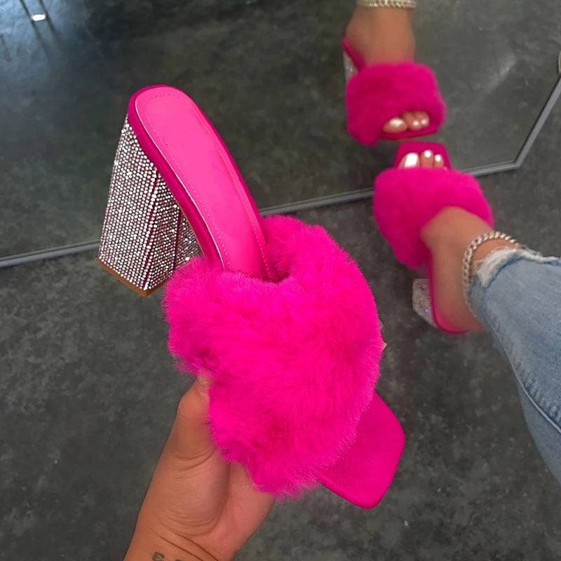 slippers high-heeled rhinestone single layer plush plus size all-match sandals