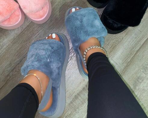 New Thick-soled Mid-heeled Hairy Shoes Large Size Single Layer Wool Home Durable Non-slip Sandals
