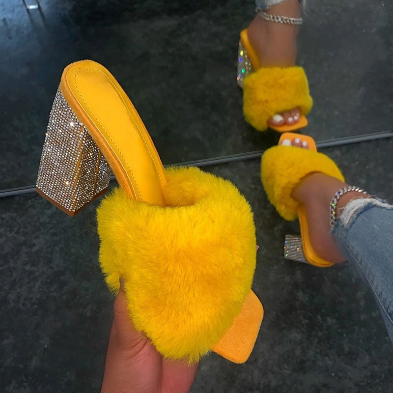 slippers high-heeled rhinestone single layer plush plus size all-match sandals