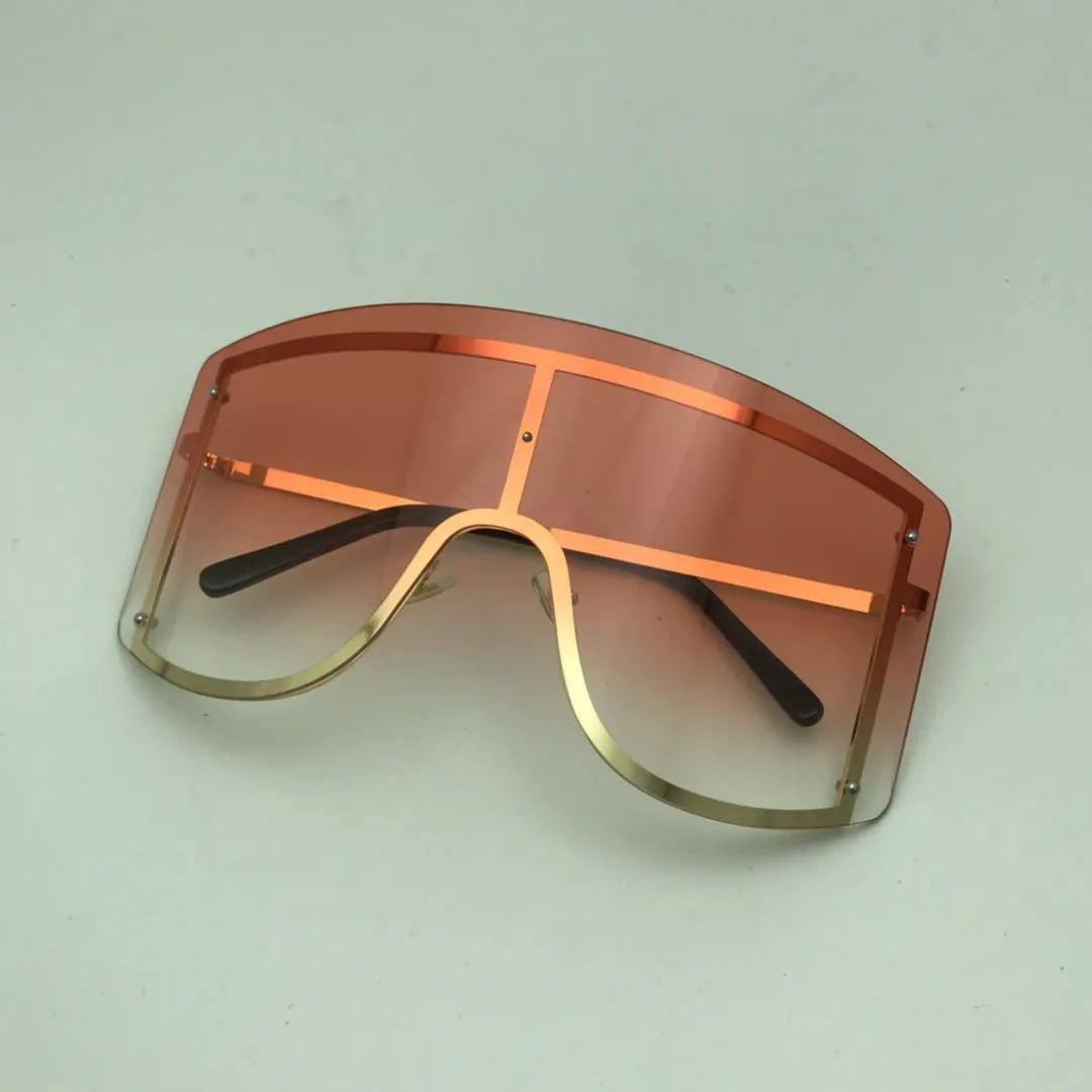 Oversized Women Blue Yellow Gradient Huge Sunglasses Curved Fashion Rimless Metal Shades