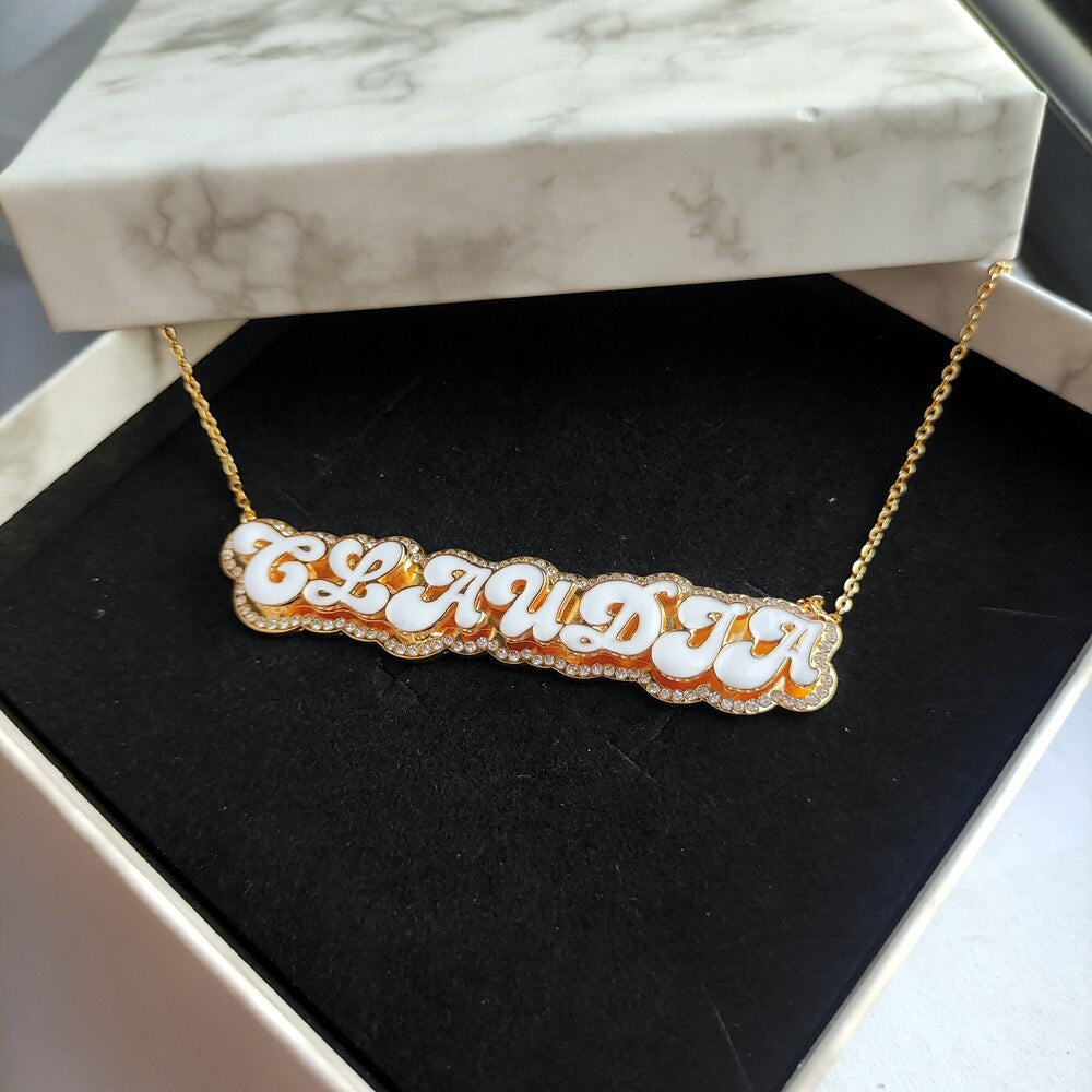glaceelaine Custom Enamel Name Necklace With Rhinestone Gold Plated Double Pendant Enamel Necklace