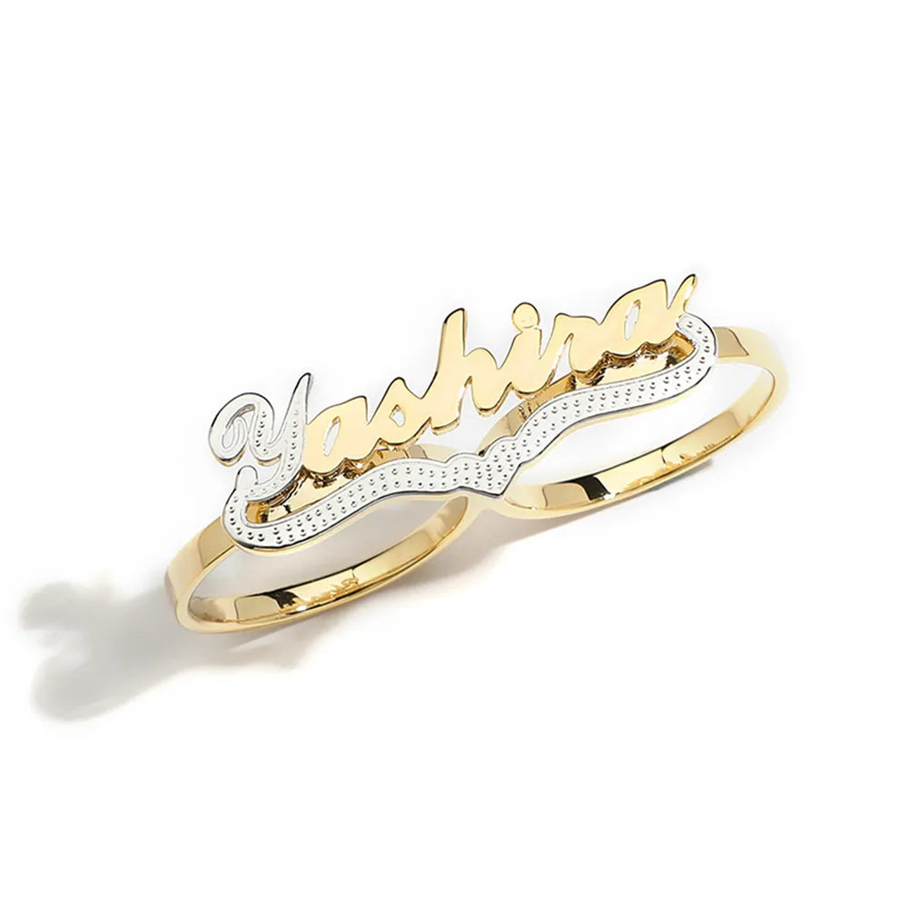 Personalized Letter Name Ring Double Color Heart Engraving Nameplate Ring Two Fingers Letter Women Ring