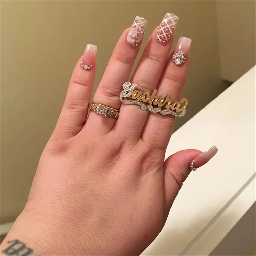 Personalized Letter Name Ring Double Color Heart Engraving Nameplate Ring Two Fingers Letter Women Ring