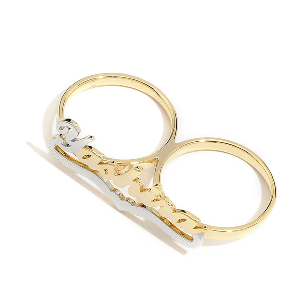 Personalized Letter Name Ring Double Color Heart Engraving Nameplate Ring Two Fingers Letter Women Ring