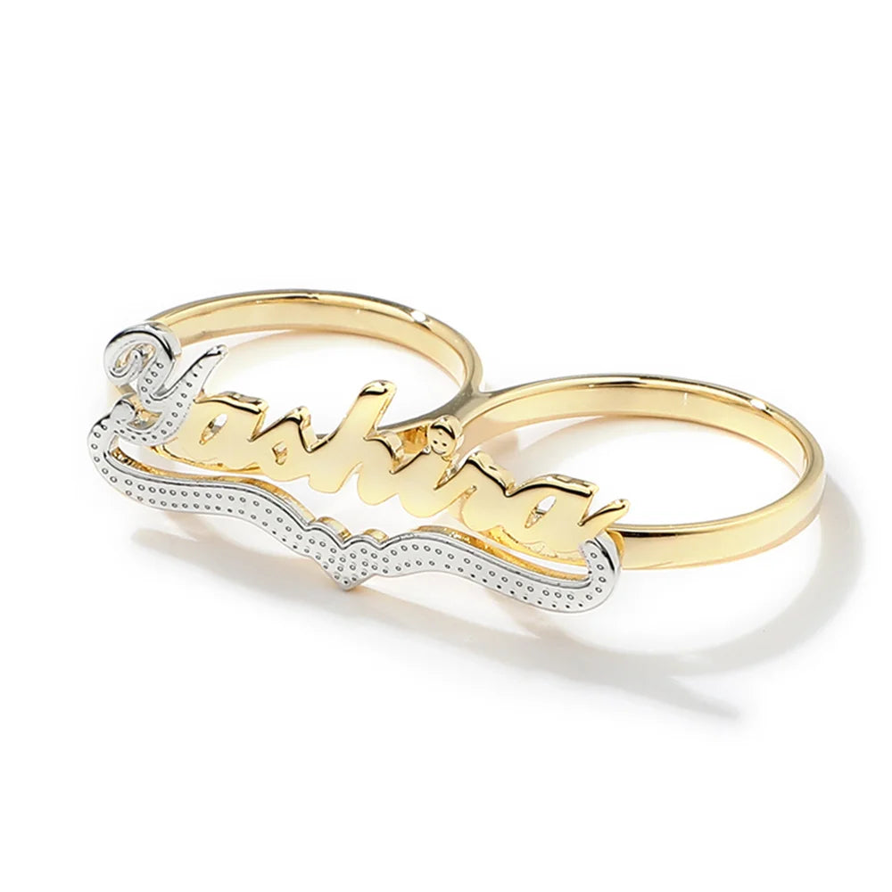 Personalized Letter Name Ring Double Color Heart Engraving Nameplate Ring Two Fingers Letter Women Ring