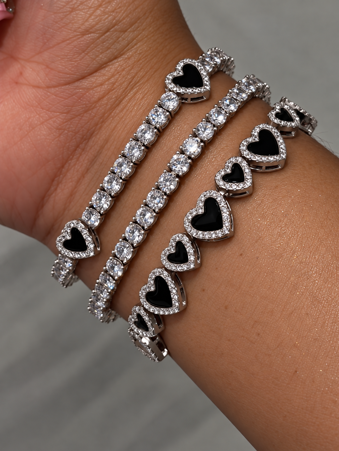 3/1pcs Black Heart Round CZ Tennis Bracelets Set for Women Men Shiny Stackable Jewelry