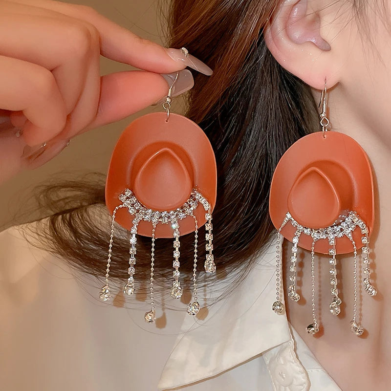 Creative Cowboy Hat Drop Dangle Earrings For Women Girls Shiny Rhinestone Tassel Earrrings Funny Western Cowgirl Ear Jewelry