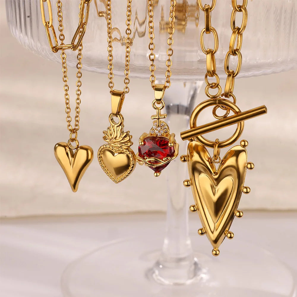 Punk Gold Color Heart Pendant Necklace for Women Stainless Steel OT Buckle Beaded Neck Chain Choker Y2k Jewelry Accessories