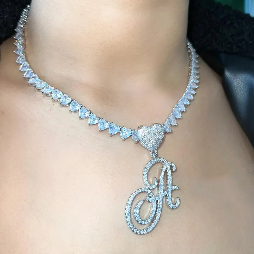 Iced Out Heart Cursive Letters Pendant Necklace