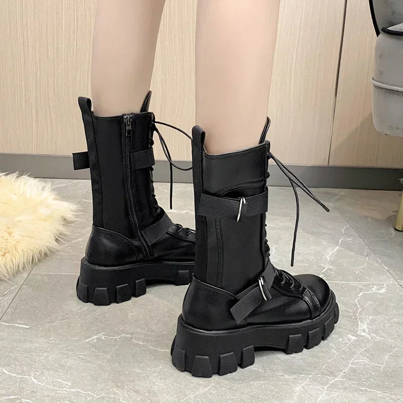 Spring Motorcycle Boots Women's Cosplay High Boots Long Tube Leather Knight Boot Punk Gothic Classic Black High Heel Shoes