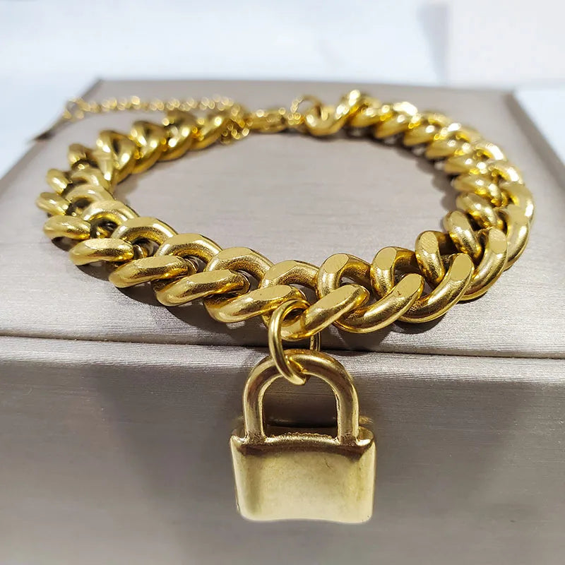 316L Stainless Steel Lock Pendant NK Chain Golden 7mm Thick Bracelet Necklace Earrings Women's Jewelry Set