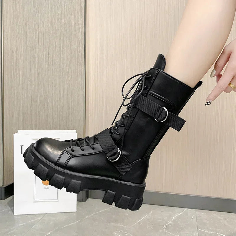 Spring Motorcycle Boots Women's Cosplay High Boots Long Tube Leather Knight Boot Punk Gothic Classic Black High Heel Shoes