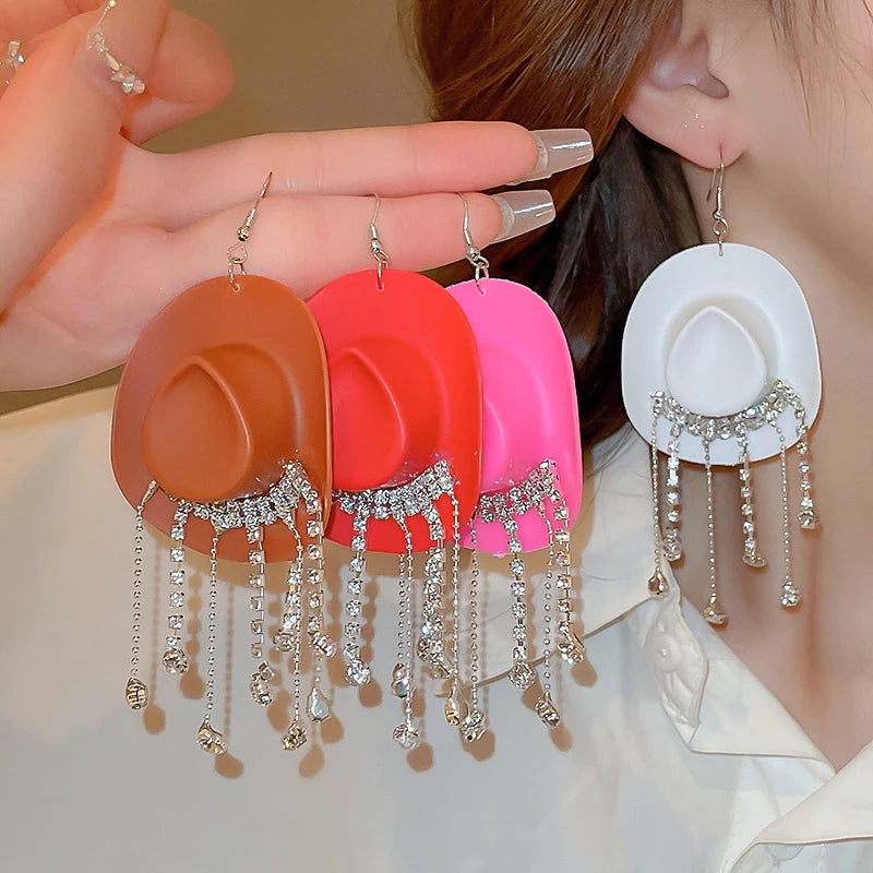 Creative Cowboy Hat Drop Dangle Earrings For Women Girls Shiny Rhinestone Tassel Earrrings Funny Western Cowgirl Ear Jewelry