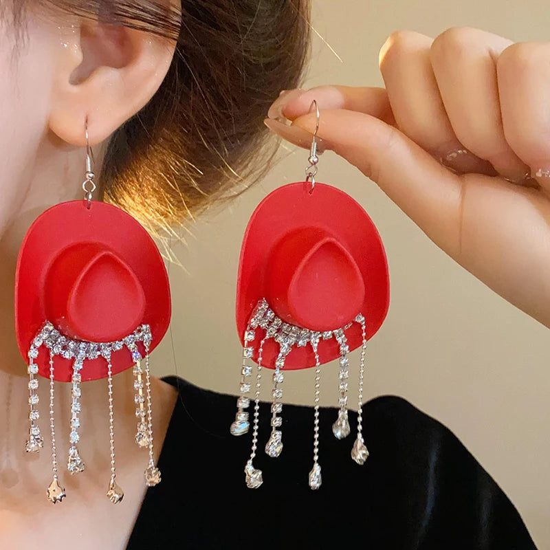 Creative Cowboy Hat Drop Dangle Earrings For Women Girls Shiny Rhinestone Tassel Earrrings Funny Western Cowgirl Ear Jewelry