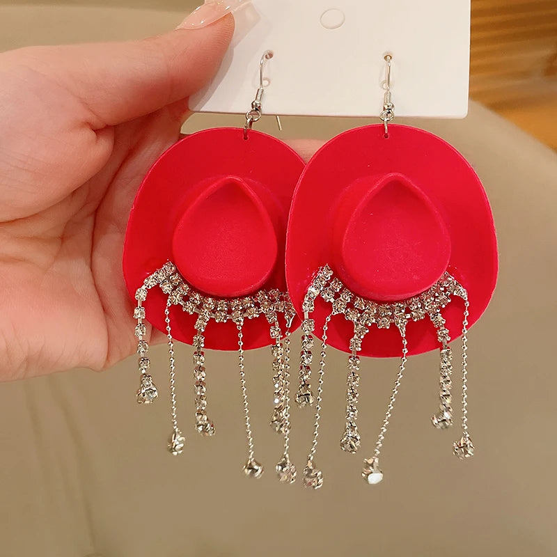 Creative Cowboy Hat Drop Dangle Earrings For Women Girls Shiny Rhinestone Tassel Earrrings Funny Western Cowgirl Ear Jewelry