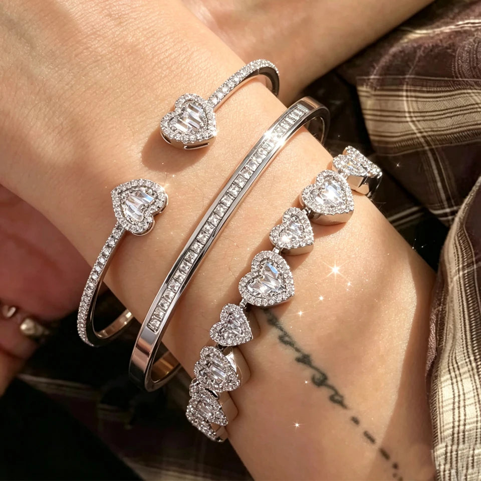 3/1pc Shiny Heart-shaped Zirconia Stackable Bracelet for Women Exquisite Wedding Party Jewelry Gifts