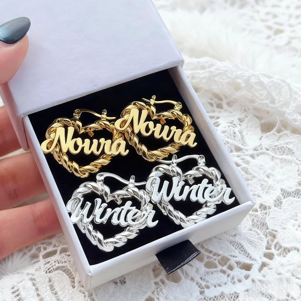 Custom Name Twist Hoop Earrings Heart Personalised Nameplate Stainless Steel Jewelry