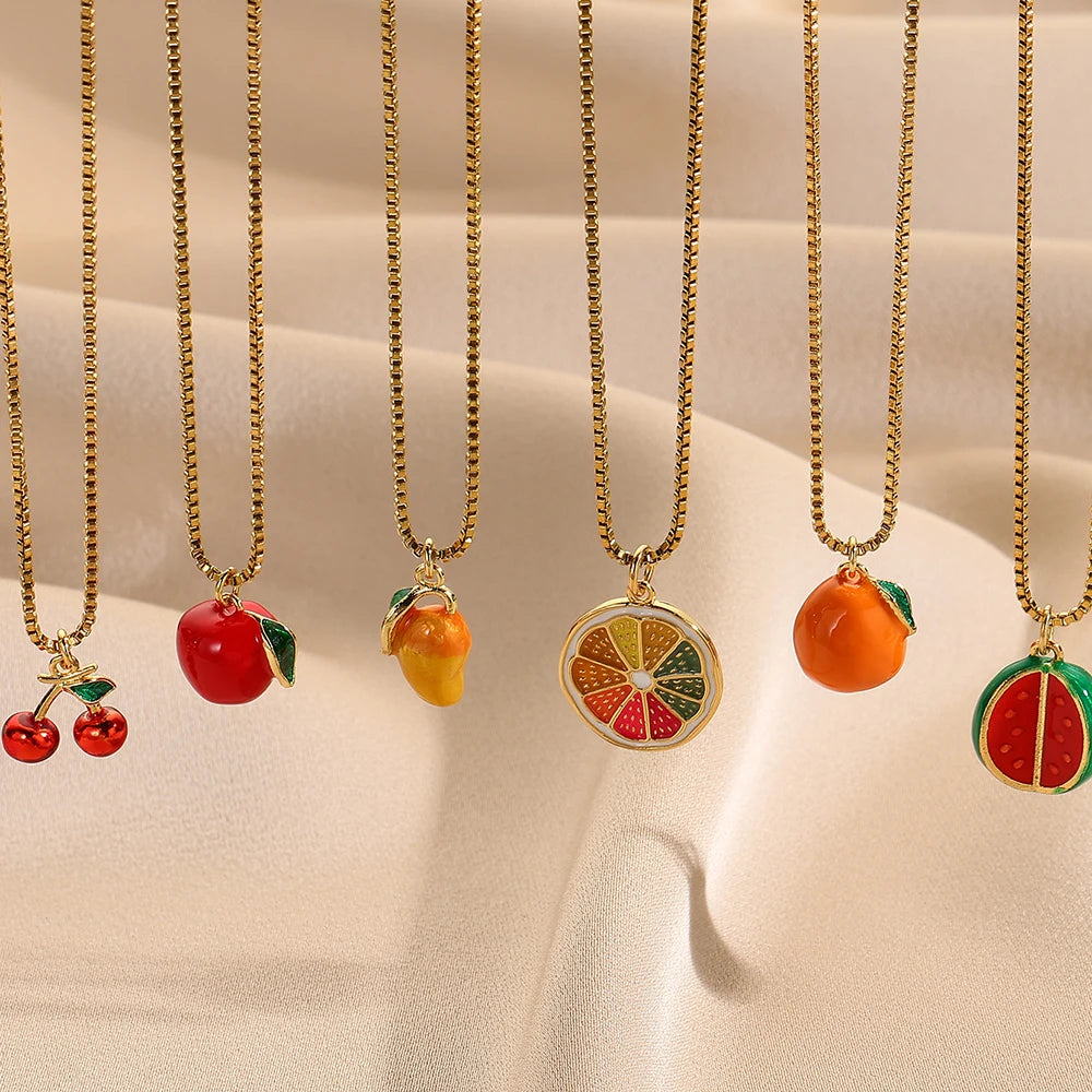 Bohemian Necklace For Women Enamel Fruit Gold Color Cherry Butterfly Pendant For Summer Beach High Quality Jewelry