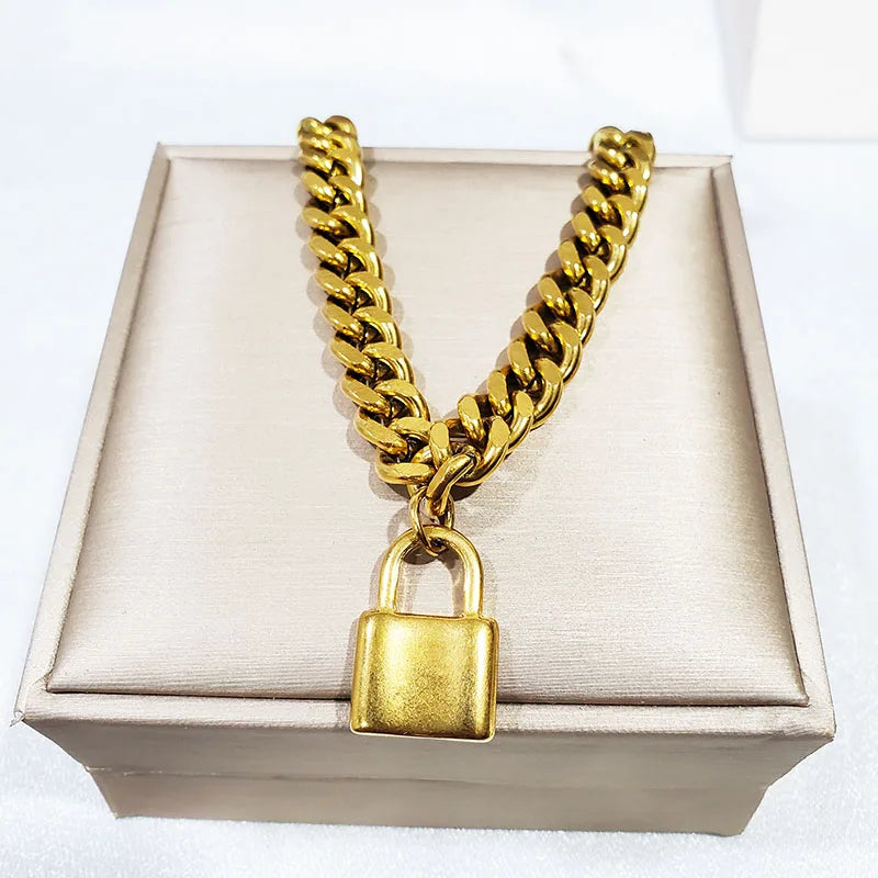 316L Stainless Steel Lock Pendant NK Chain Golden 7mm Thick Bracelet Necklace Earrings Women's Jewelry Set