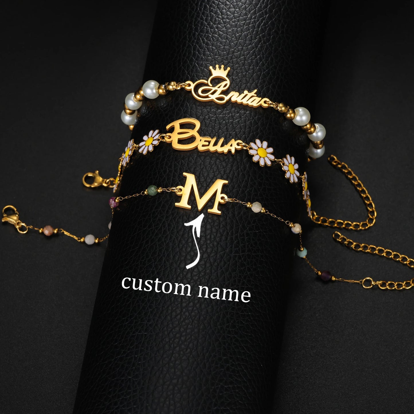 Custom Name Bracelets for Kids Baby Women Stainless Steel Personalized Flower Bead Chain Children Bracelet Birthday Jewelry Gift