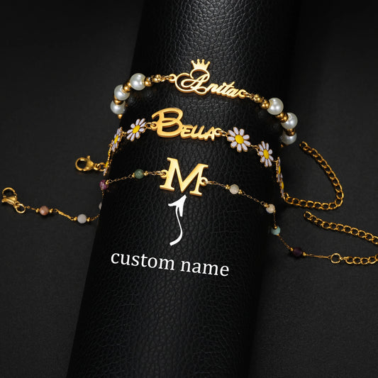 Custom Name Bracelets for Kids Baby Women Stainless Steel Personalized Flower Bead Chain Children Bracelet Birthday Jewelry Gift