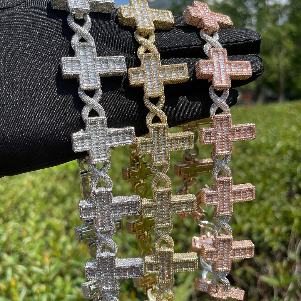 Glacèelaine Infinity Link Bracelet Baguette Cross Real Gold Plated