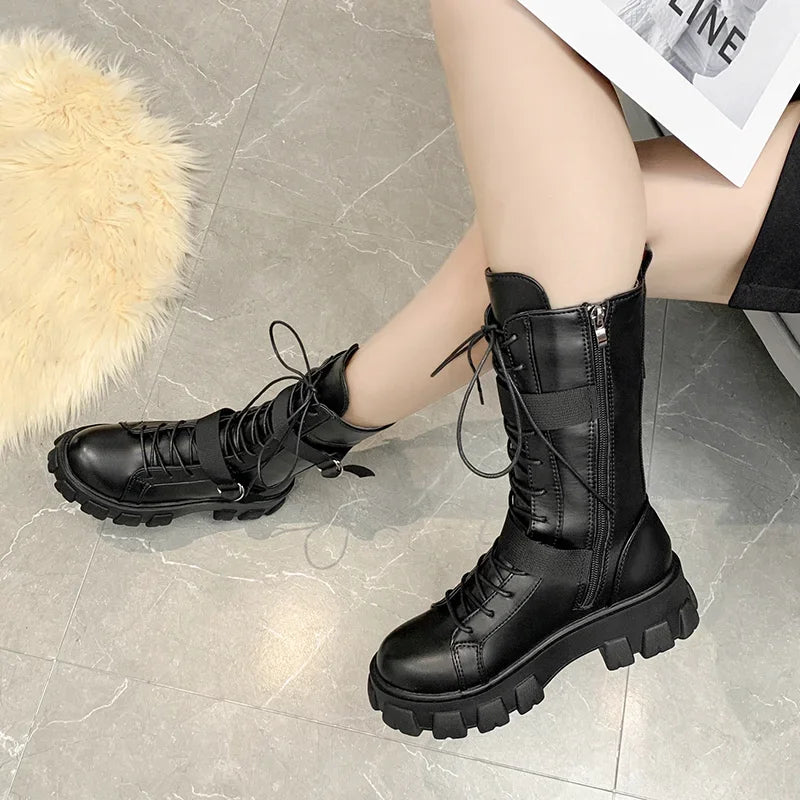 Spring Motorcycle Boots Women's Cosplay High Boots Long Tube Leather Knight Boot Punk Gothic Classic Black High Heel Shoes