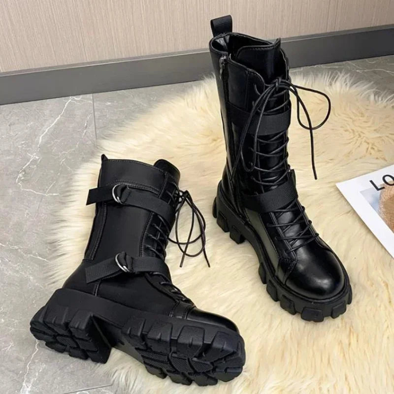 Spring Motorcycle Boots Women's Cosplay High Boots Long Tube Leather Knight Boot Punk Gothic Classic Black High Heel Shoes
