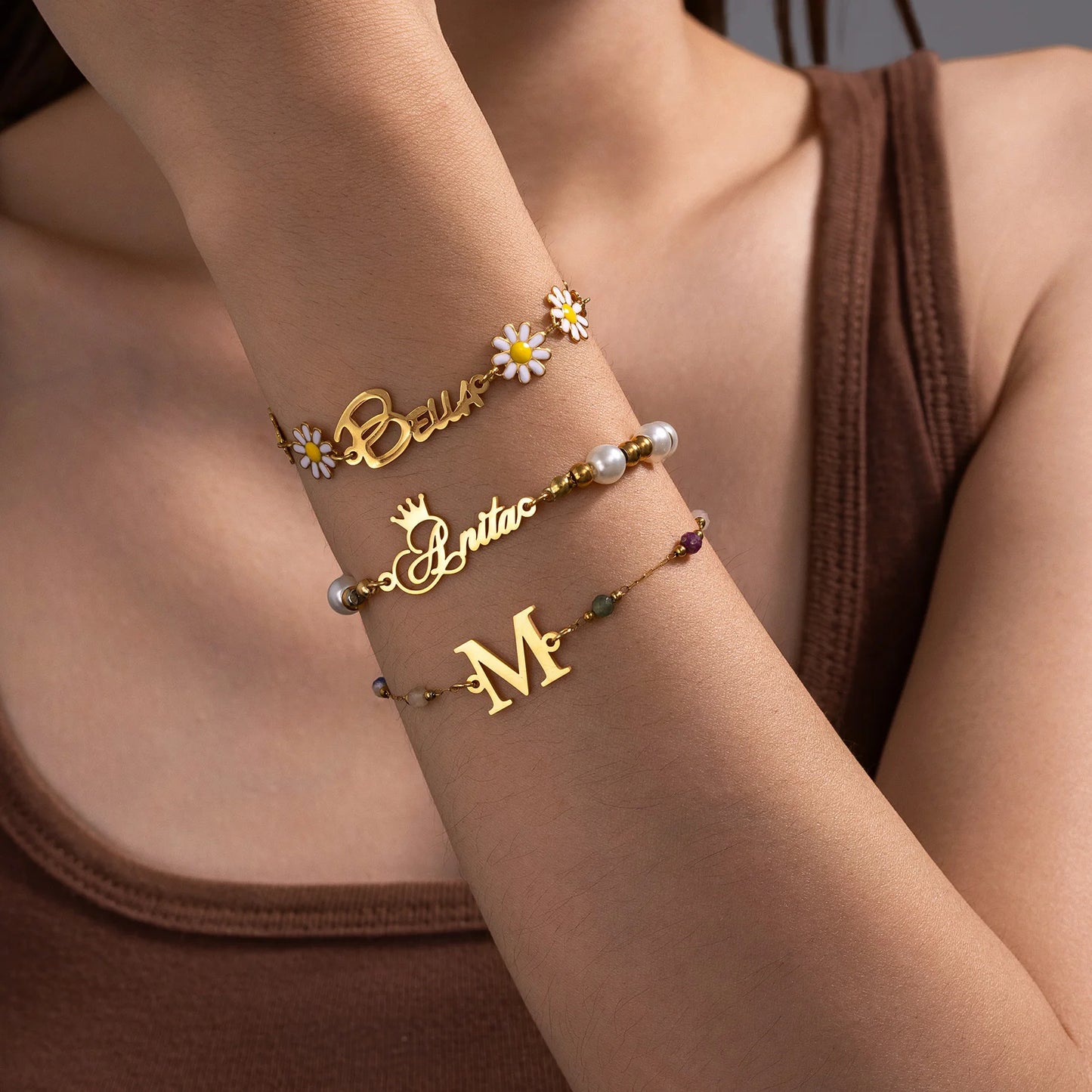 Custom Name Bracelets for Kids Baby Women Stainless Steel Personalized Flower Bead Chain Children Bracelet Birthday Jewelry Gift