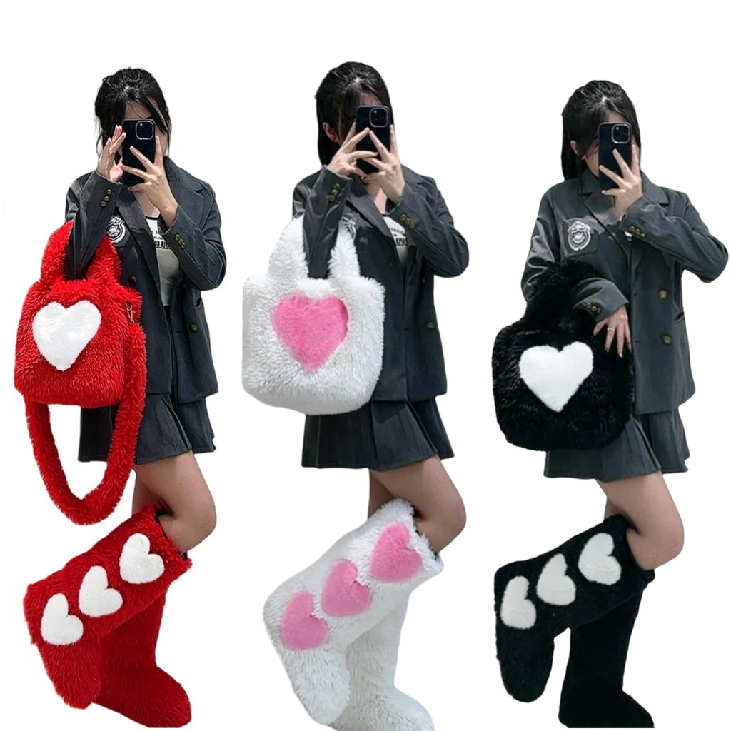 Glaceelaine Winter Fluffy Faux Fox Fur Boots Match With Furry Bags Set Plush Snow Boots Luxury Footwear