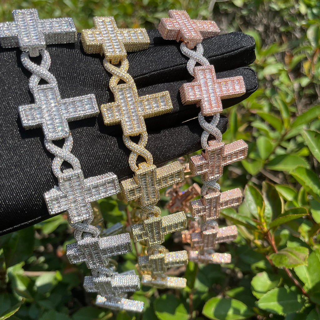 Glacèelaine Infinity Link Bracelet Baguette Cross Real Gold Plated
