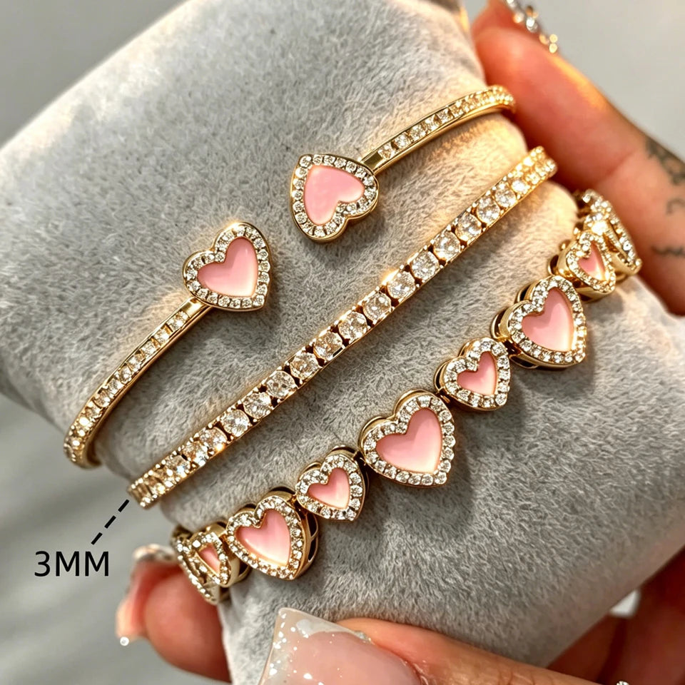 3pcs/set Pink Dripping Heart Stacking Bracelets for Women Girls Sweet Exquisite Jewelry Gift