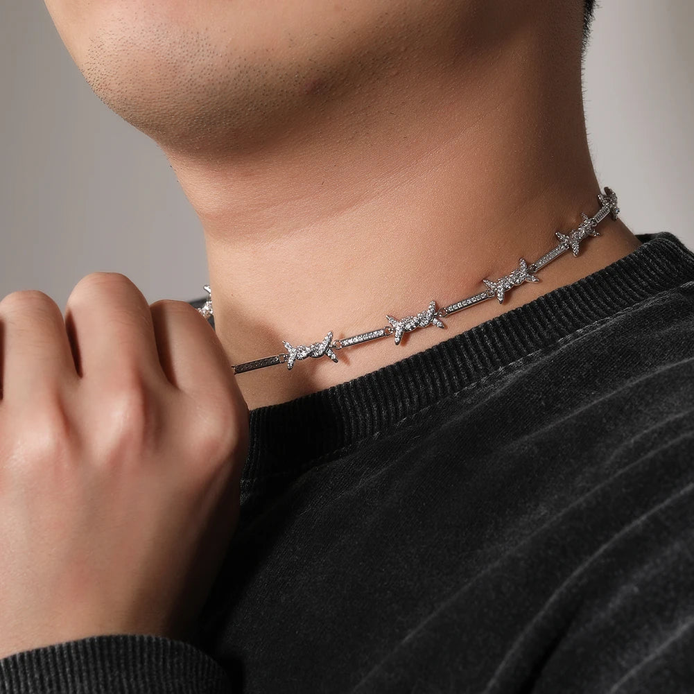 Thin Iced Barbed Wire  Link Chain Choker