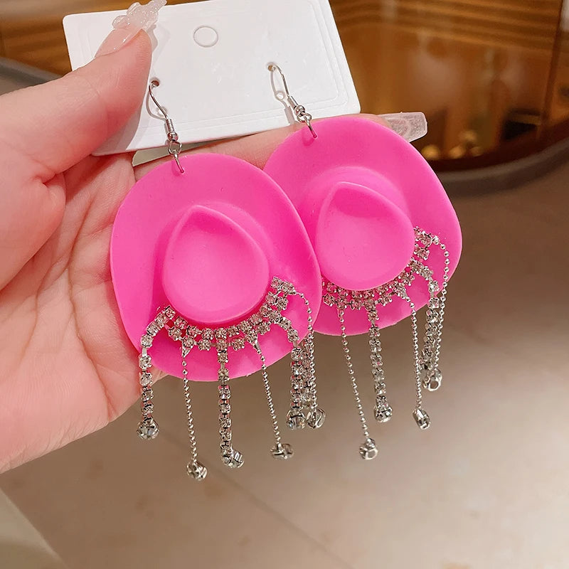 Creative Cowboy Hat Drop Dangle Earrings For Women Girls Shiny Rhinestone Tassel Earrrings Funny Western Cowgirl Ear Jewelry