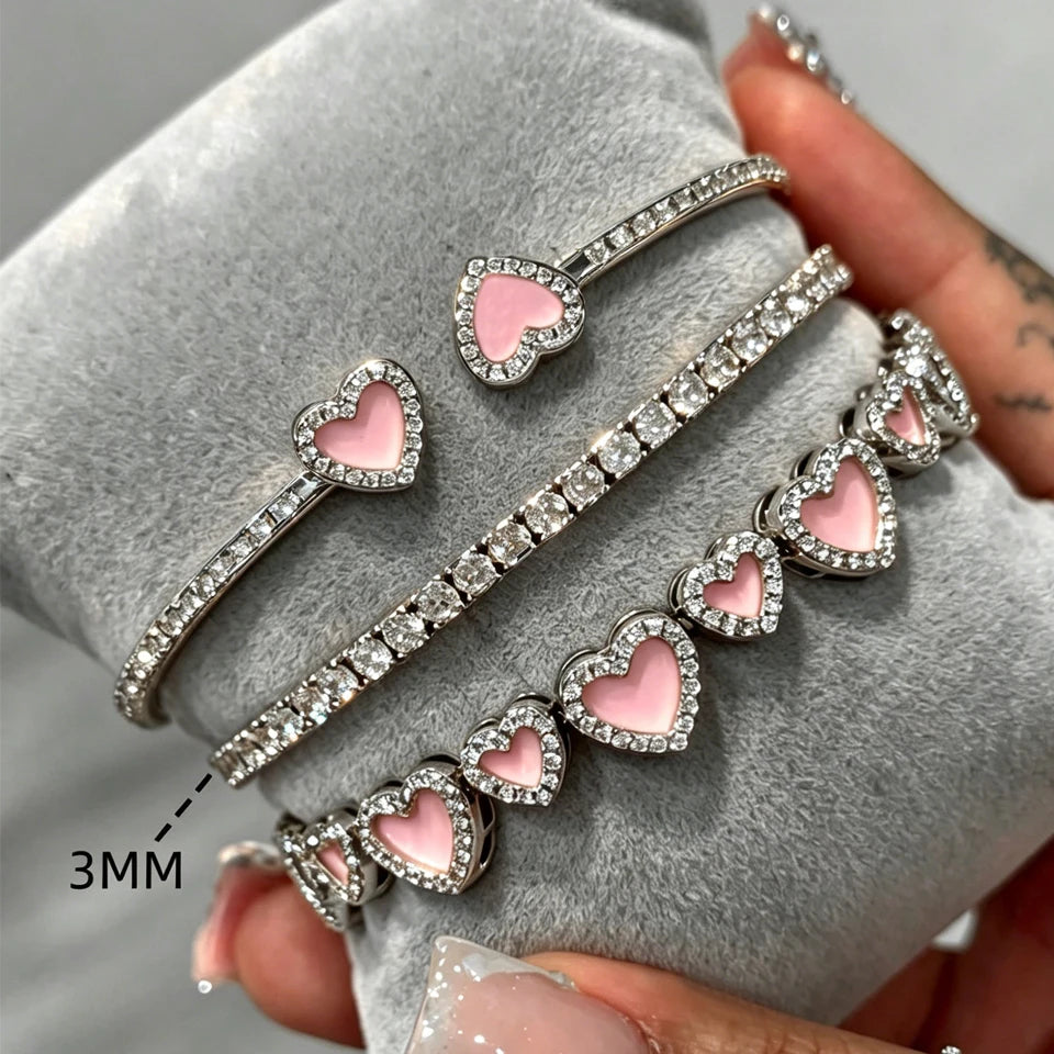 3pcs/set Pink Dripping Heart Stacking Bracelets for Women Girls Sweet Exquisite Jewelry Gift