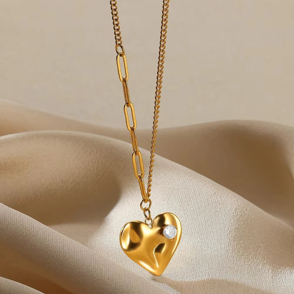 Punk Gold Color Heart Pendant Necklace for Women Stainless Steel OT Buckle Beaded Neck Chain Choker Y2k Jewelry Accessories