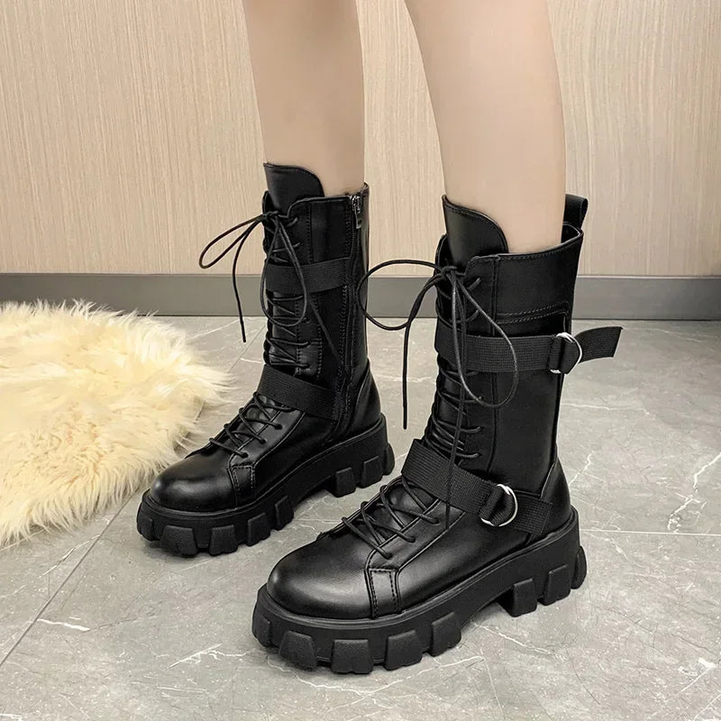 Spring Motorcycle Boots Women's Cosplay High Boots Long Tube Leather Knight Boot Punk Gothic Classic Black High Heel Shoes