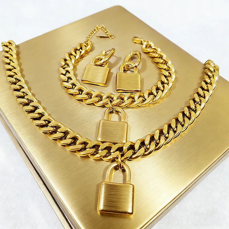 316L Stainless Steel Lock Pendant NK Chain Golden 7mm Thick Bracelet Necklace Earrings Women's Jewelry Set