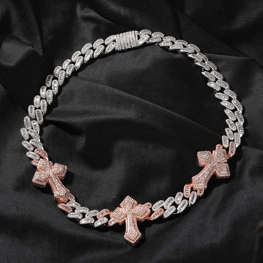 Glacèelaine 3pcs Cross  Miami Cuban Link Chain Necklace