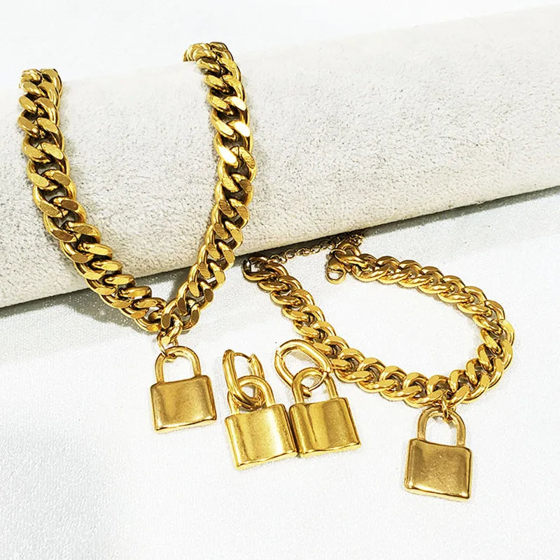 316L Stainless Steel Lock Pendant NK Chain Golden 7mm Thick Bracelet Necklace Earrings Women's Jewelry Set